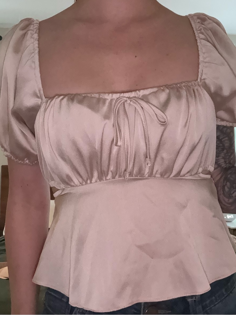 Open-Back Miss Selfridge Satin Puff Sleeve Peplum Top - Dusty Pink